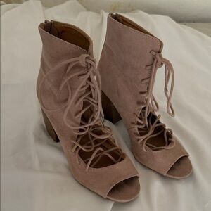 Qupid Pink Lace-Up Peep Toe Boots